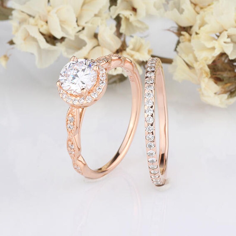 6mm Round Shaped CZ Sterling Silver Rings Set / Round Halo Women Rose Gold Rings / Half Eternity Wedding Engagement / 2 pieces Rings image 3