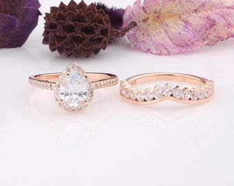 Rose Gold CZ Pear Women Ring Set , Pear Cut Ring with Curved Design Half Eternity Side Band , Pear Halo Engagement Ring , Diamond Simulant