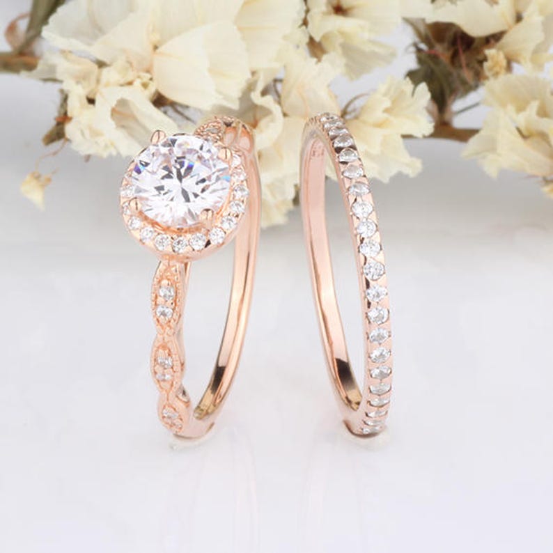 6mm Round Shaped CZ Sterling Silver Rings Set / Round Halo Women Rose Gold Rings / Half Eternity Wedding Engagement / 2 pieces Rings image 2