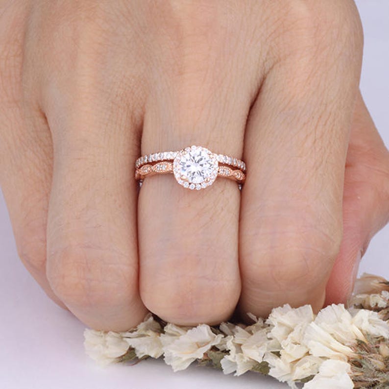 6mm Round Shaped CZ Sterling Silver Rings Set / Round Halo Women Rose Gold Rings / Half Eternity Wedding Engagement / 2 pieces Rings image 5