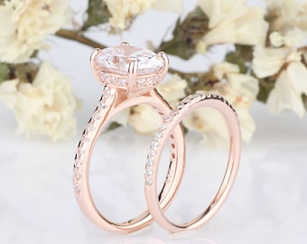 2 Carat Oval CZ Rose Gold Wedding Rings Set, Oval Engagement Ring, Anniversary Rings Set, Sterling Silver Rings Rose Gold Plated Set