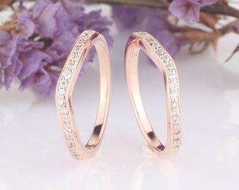 Rose Gold Plated over Sterling Silver Round CZ Pave Set Half Eternity Engagement Curved Band Ring / Wedding Ring Guard / 2 pieces Rings