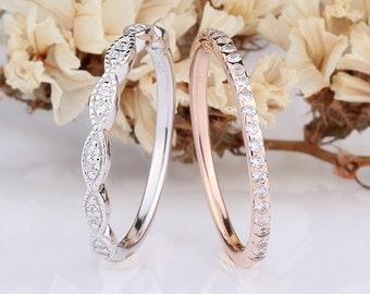 Two Tone Sterling Silver and Rose Gold Plated CZ Half Eternity Wedding Engagement Band Ring / Wavy Band / 2 pieces Stackable Ring Guards