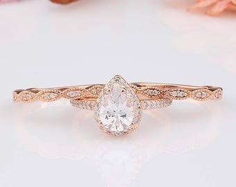 Pear Shaped 3 Pieces Rings Set / Pear Halo Rose Gold Matching Rings Set / Half Eternity Wedding Engagement Band / Sterling Silver Rings Set