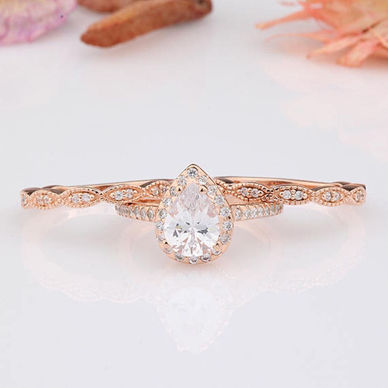 Pear Shaped 3 Pieces Rings Set / Pear Halo Rose Gold Matching Rings Set / Half Eternity Wedding Engagement Band / Sterling Silver Rings Set image 1