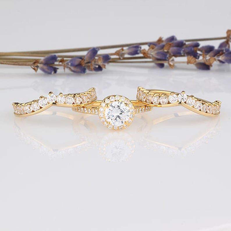 6mm Round Halo CZ 3-pieces Ring Set Wedding Matching Bridal Set Yellow Gold Plated over Sterling Silver Women Ring Set Two Ring Guards