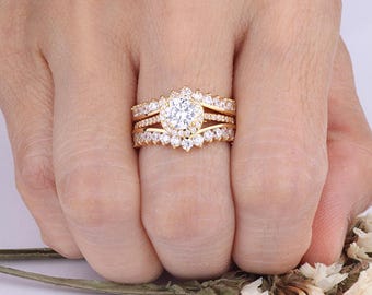 6mm Round Halo CZ 3-pieces Ring Set / Wedding Matching Bridal Set / Yellow Gold Plated over Sterling Silver Women Ring Set / Two Ring Guards