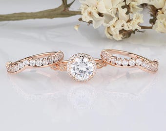 8mm Round Halo Rose Gold CZ 3 Pieces Ring Set / Wedding Matching Bridal Set/ Sterling Silver Rings / Engagement Ring with Two Ring Guards