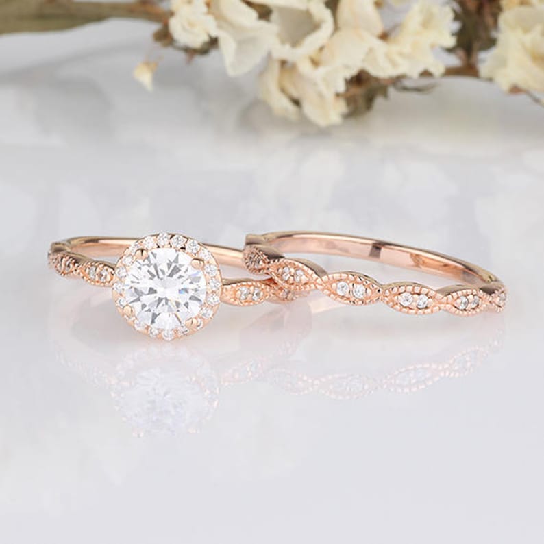 6mm Round CZ Halo Rose Gold Wedding Ring Set Wavy Curved Marquise Design Half Eternity Rings Wedding Anniversary Bridal Promise Rings
