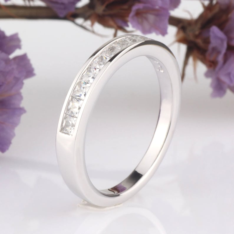 Princess Square CZ Half Eternity Wedding Engagement Anniversary Channel Set Band Ring Stackable Sterling Silver Ring Silver Ring Guard