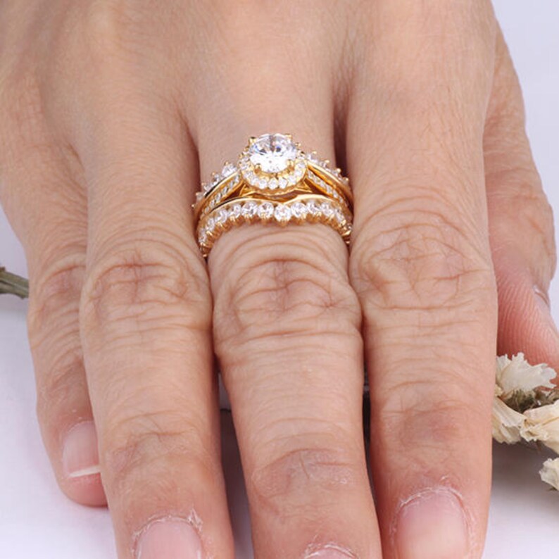 6mm Round Halo CZ 3-pieces Ring Set Wedding Matching Bridal Set Yellow Gold Plated over Sterling Silver Women Ring Set Two Ring Guards