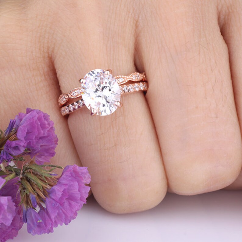 2 Carat Oval CZ Rose Gold Wedding Anniversary Rings Set / Wavy Etsy