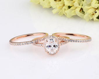 Rose Gold Oval CZ Halo Wedding 3-Rings Set / Halo Engagement Anniversary Rings Set / Sterling Silver Rings Set