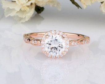 6mm Round Cubic Zirconia Rose Gold Ring / Vintage Design Round Halo Ring Half Eternity Wedding Engagement Ring / Sterling Silver Ring