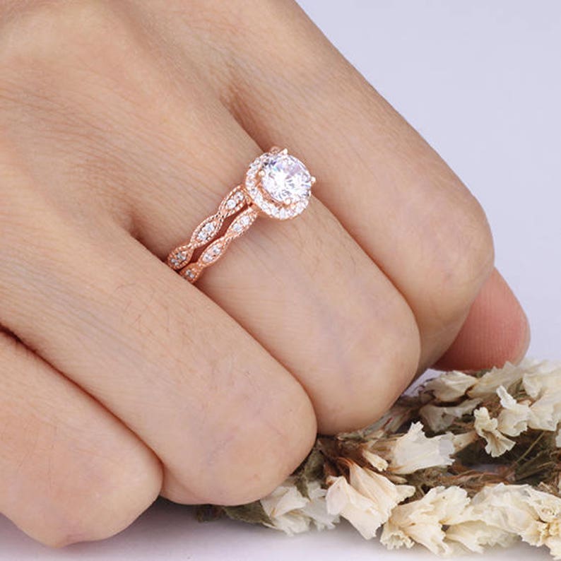 6mm Round CZ Halo Rose Gold Wedding Ring Set Wavy Curved Marquise Design Half Eternity Rings Wedding Anniversary Bridal Promise Rings