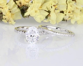 2 Carat Oval CZ Wedding Rings Set / Engagement Anniversary Sterling Silver .925 Rings Set / Half Eternity Simulated Stone Pave Setting