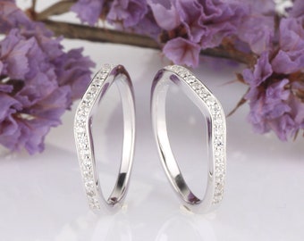 Round CZ Half Eternity Wedding Engagement Curved Two Bands / Stackable 925 Sterling Silver Rings / CZ Pave Setting Ring Guard / Side Band