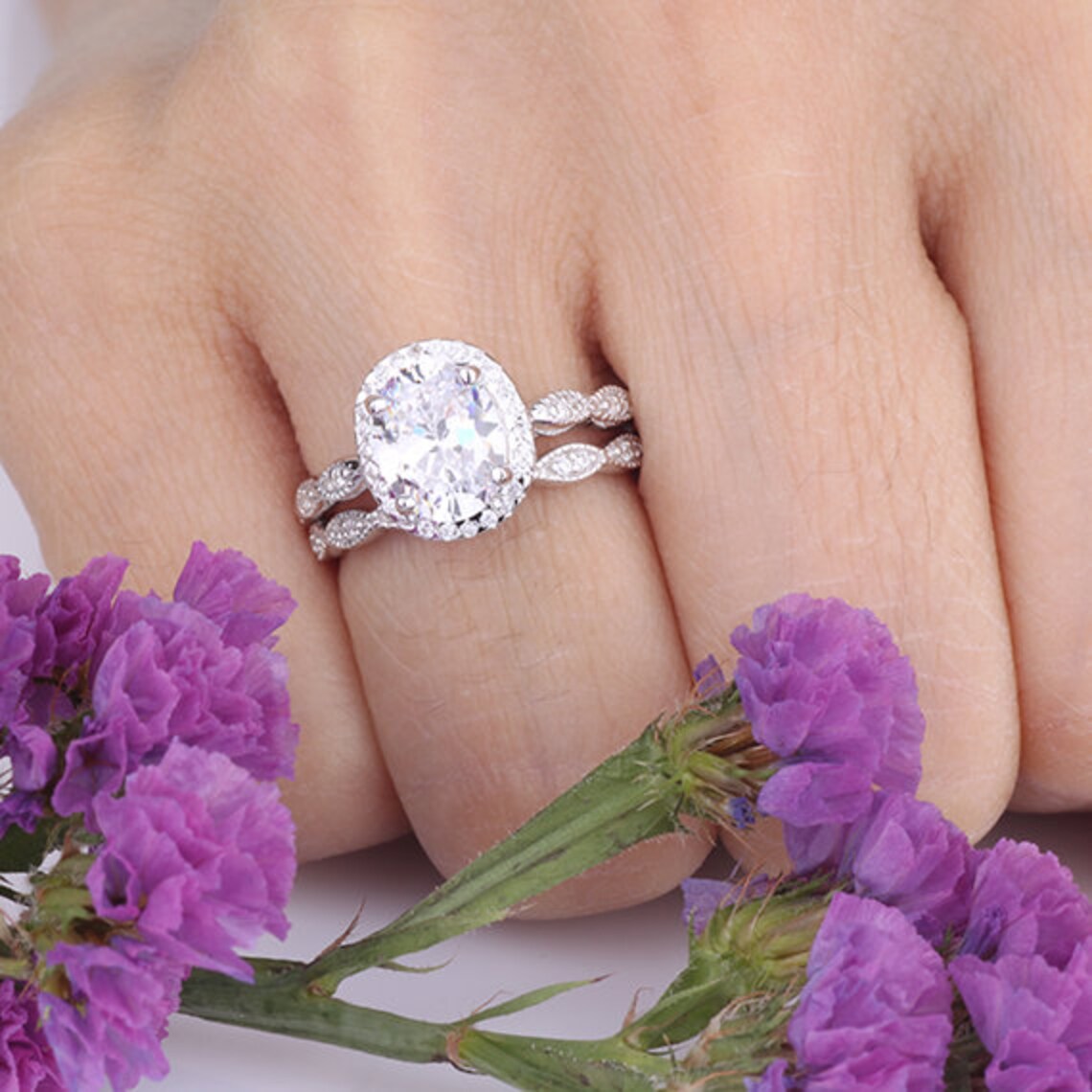 2.5 Carats Oval CZ Halo Ring Set / Wave Curved Art Deco Design Etsy