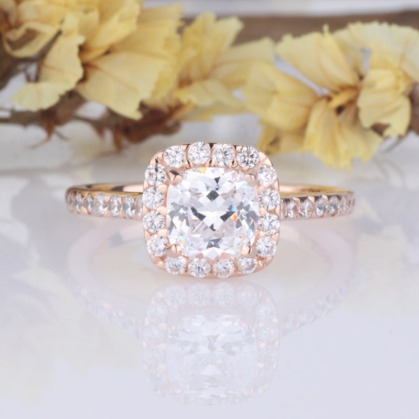 1.25 Carats Cushion Cut Diamond Simulated Wedding Engagement Anniversary Halo Ring / Sterling Silver Rose Gold Plated Ring / Bridal Jewelry