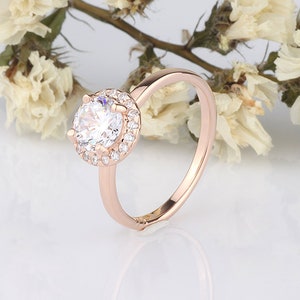 7mm Round Cubic Zirconia Sterling Silver Ring Rose Gold Plated / Round Halo Wedding Engagement Ring / Anniversary Halo Ring image 6