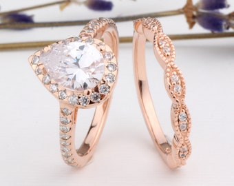 Rose Gold Pear Shaped Halo CZ Ring / Marquise Design Half Eternity Wedding Engagement Band / Rose Gold Wedding Rings Set / Twist Design Band
