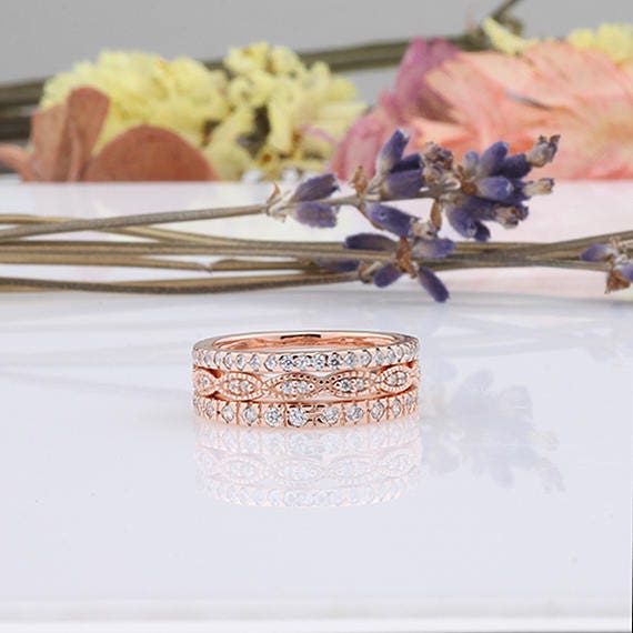 3band Rings Art Deco Rose Gold Bridal Set / Wedding Etsy
