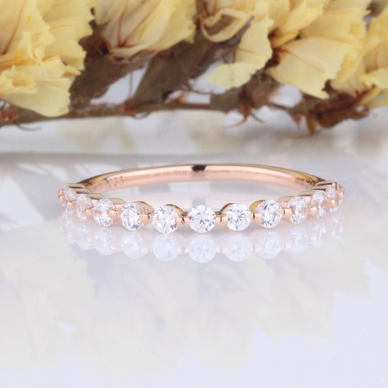 Round Brilliant Cut CZ Half Eternity Setting Sterling Silver Rose Gold Plated Wedding Engagement Band Ring / Stackable Ring / Bridal Ring image 3