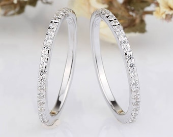 Sterling Silver Round CZ Half Eternity Engagement Band / Wedding Anniversary Two Ring Guards / 2 pieces Rings / Stackable Band Ring