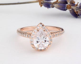 Rose Gold Pear Shaped Ring / Pear CZ Halo Ring Half Eternity Wedding Engagement Anniversary Sterling Silver Women Ring / Bridesmaid Jewelry