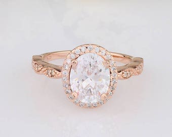 2.5 carats Oval CZ Halo Rose Gold Ring / Vintage Design Half Eternity Wedding Engagement Ring / Sterling Silver Ring Rose Gold Plated