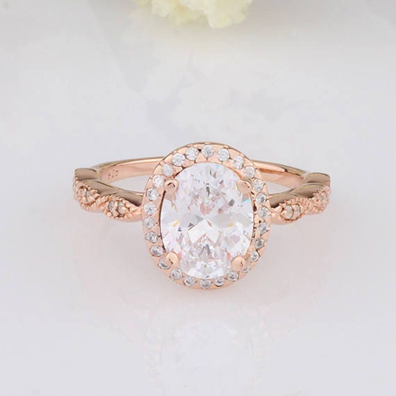 2.5 carats Oval CZ Halo Rose Gold Ring / Vintage Design Half Eternity Wedding Engagement Ring / Sterling Silver Ring Rose Gold Plated