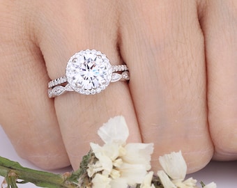 Round Shaped CZ Sterling Silver Rings Set / Round Halo Rings Set / Half Eternity Art Deco Wedding Engagement Rings Set / 2 pieces Ring Set