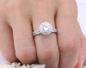 8mm Round Shaped CZ Sterling Silver Rings Set / Round Halo Womens Rings Set / Half Eternity Wedding Engagement Rings Set / 2 pieces Rings