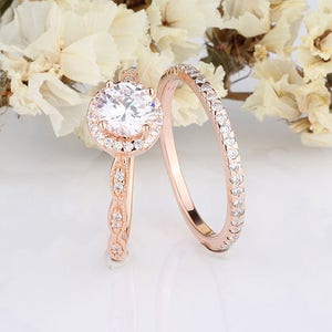 6mm Round Shaped CZ Sterling Silver Rings Set / Round Halo Women Rose Gold Rings / Half Eternity Wedding Engagement / 2 pieces Rings image 4