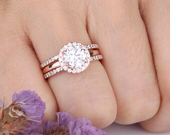 1.3 Carats Round CZ Halo Shiny Wedding Band / Art-Deco Engagement Triple Rings / Tiny CZ Accent Half Eternity Side Band / Rose Gold Rings