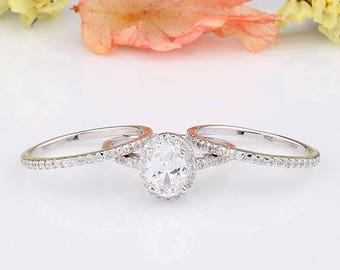 Oval CZ Halo Wedding Ring / Oval Diamond Simulated Halo Engagement Anniversary Rings Set / Sterling Silver 3 Rings Set / Gift for her