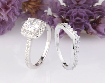 1.25 Carats Cushion Cut CZ Engagement Halo Ring / Anniversary Ring Set / Sterling Silver Ring / Bridal Set Rings