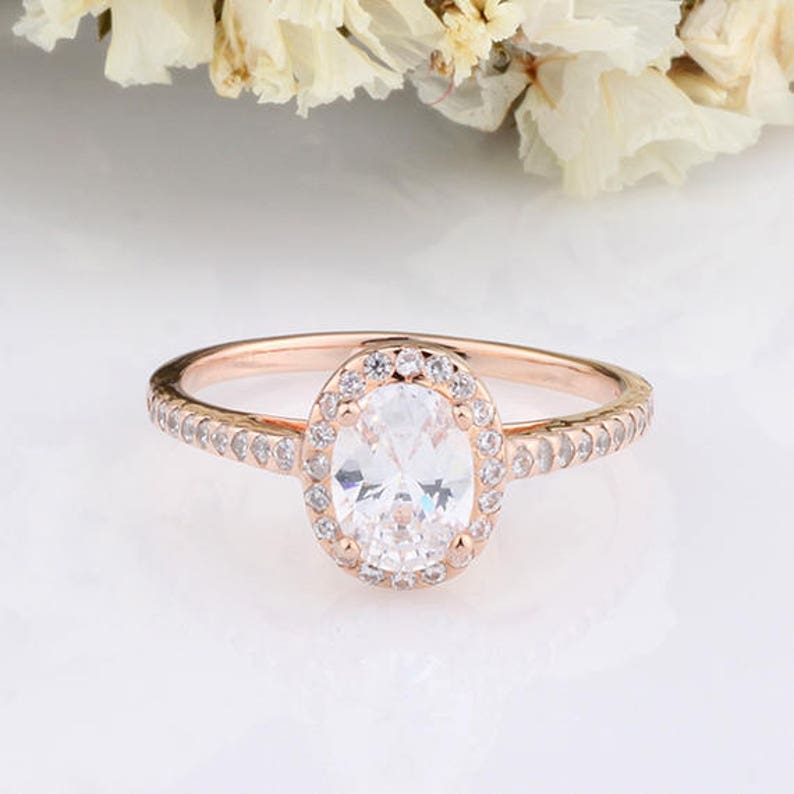 Rose Gold Oval Cut CZ Wedding Ring Halo CZ Engagement Anniversary Ring Sterling Silver Ring Gift for Her Gift for Mom