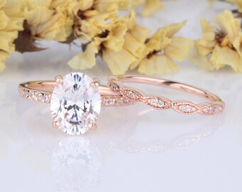 2.5 Carat Oval CZ Rose Gold Wedding Engagement Ring with Wavy Side Band / Sterling Silver Rings Rose Gold Plated 2 pieces Ring / Gifts