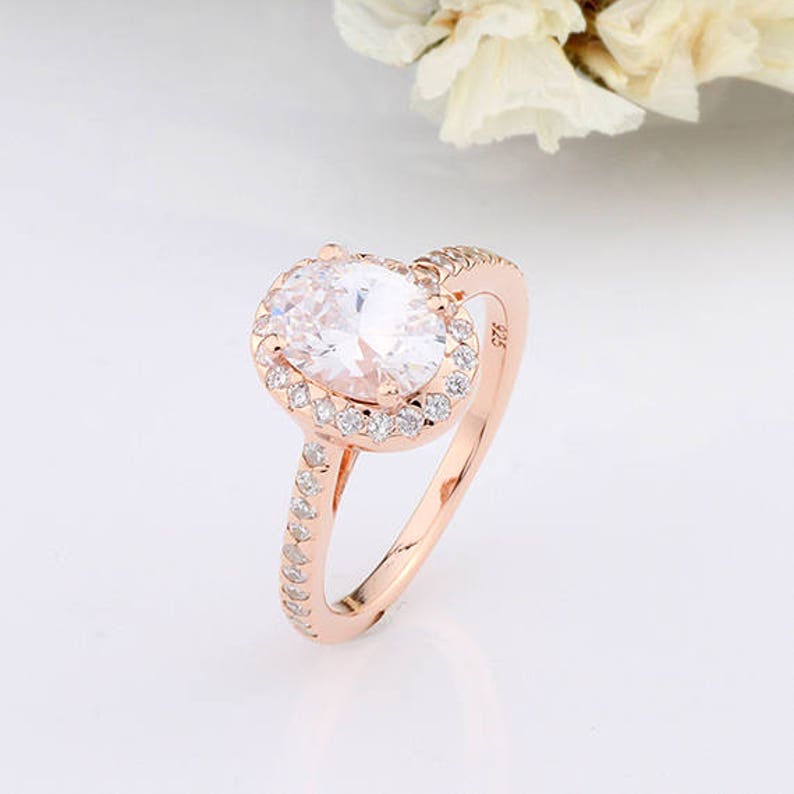 Rose Gold Oval Cut CZ Wedding Ring Halo CZ Engagement Anniversary Ring Sterling Silver Ring Gift for Her Gift for Mom