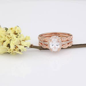 Rose Gold Oval CZ Halo Three Rings Bridal Set / Art-Deco Engagement Anniversary Women Ring / Sterling Silver Rings Set image 2