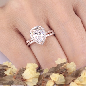 1.8 Carats Pear Shaped Halo CZ Engagement Ring / Tiny CZ Half Eternity Wedding Band/ Rose Gold Wedding Rings Set / Matching Ring Set