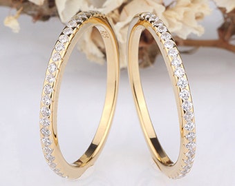Round CZ Yellow Gold Plated Half Eternity Engagement Band / Wedding Anniversary Two Ring Guards / 2 pieces Rings / Stackable Band Rings