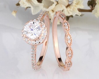 6mm Round Halo CZ Rose Gold Ring / Curved Marquise Wavy Design Half Eternity Wedding Engagement Band / Sterling Silver Women Rings Set