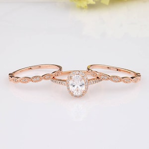 Rose Gold Oval CZ Halo Three Rings Bridal Set / Art-Deco Engagement Anniversary Women Ring / Sterling Silver Rings Set image 1