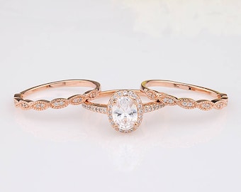 Rose Gold Oval CZ Halo Three Rings Bridal Set / Art-Deco Engagement Anniversary Women Ring / Sterling Silver Rings Set