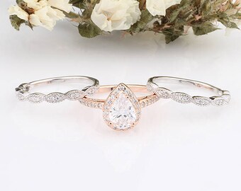 Pear Shaped 3-Rings Set / Pear Halo Silver Rose Gold Matching Rings Set / Half Eternity Wedding Engagement Band / Sterling Silver Rings Set