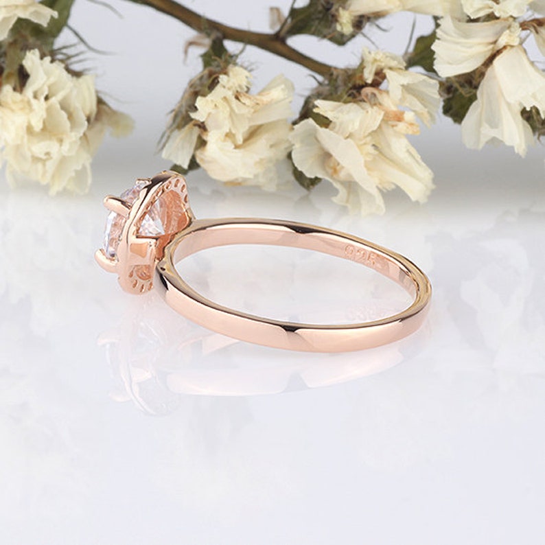7mm Round Cubic Zirconia Sterling Silver Ring Rose Gold Plated / Round Halo Wedding Engagement Ring / Anniversary Halo Ring image 4