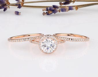 Rose Gold 8MM Round CZ Halo Wedding 3-Rings Set / Halo Engagement Anniversary Rings Set / Sterling Silver Rings Set / Rose Gold Ring