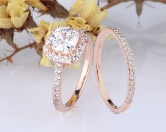 1.25 Carats Cushion CZ Wedding Engagement Halo Ring Set / Anniversary Ring / Sterling Silver Rose Gold Plated Cushion Cut Matching Set Rings